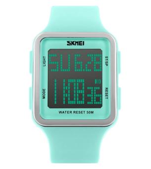 Skmei Women's Digital Sport Multifunction Waterproof Big Face Square Silicone Strap Watch Light Green - intl  