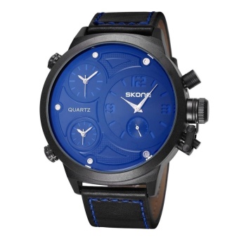 SKONE Round Dial Three Function Dials Fashion Sport Men Quartz Watch With PU Leather Band(Blue) - intl  