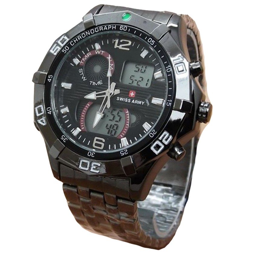 Leather Source Swiss Army Dual Time Jam Tangan Pria Strap Kulit Coklat Muda