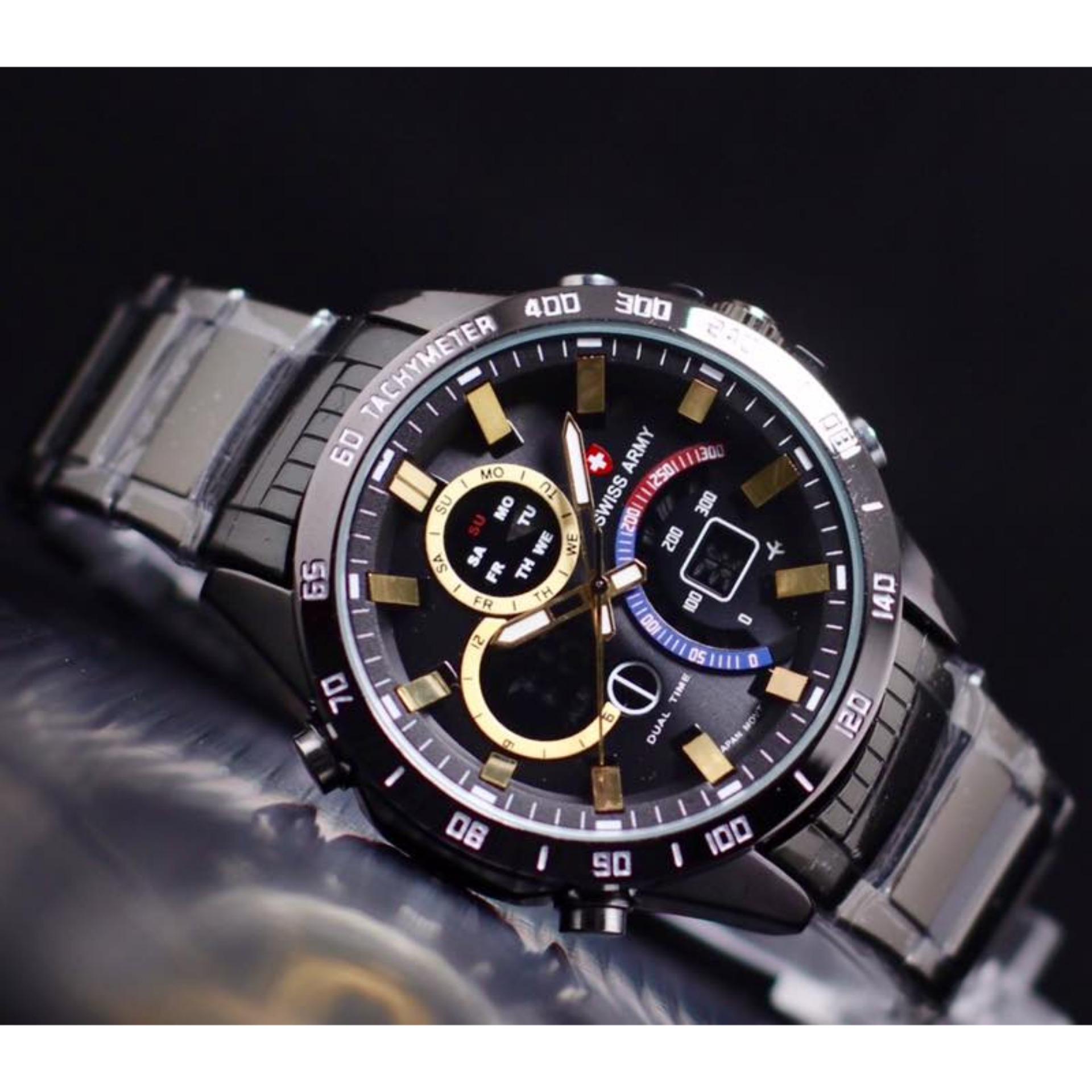 Swiss Army Edifice Dual Time Jam Tangan Pria Strap Rantai Terbaru Sa1429m Kulit Hitam Merah
