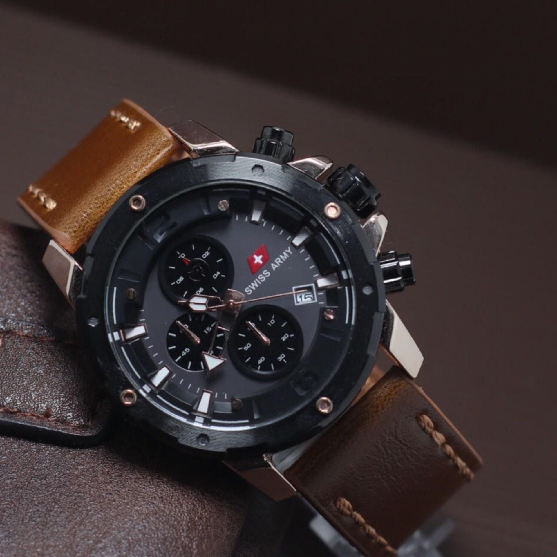 Swiss Army Original Jam Tangan Pria Crono Aktif Strap High Quality Swiss Army terbaru SA AS Jam Tangan Pria Kulit Crono Aktif