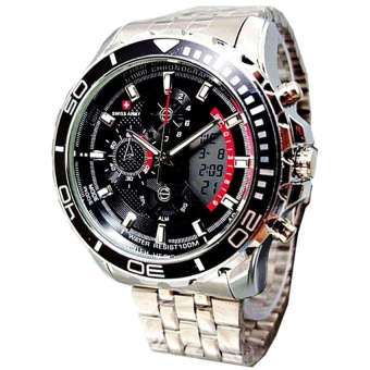 Swiss Time - Jam Tangan Dual Time - Stainless Steel - St079 Silver Black  