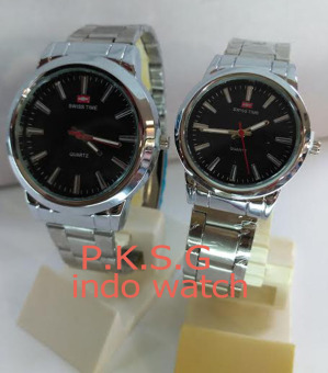Swiss Time/Army - ST 0575 Jam Tangan Couple Stainless Steel Silver Black  