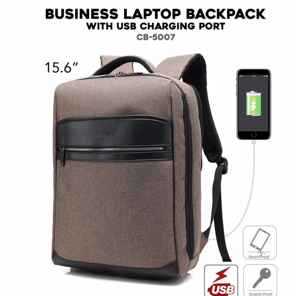 Tas Ransel Laptop with USB Port/Tas Backpack /Anti sobek Tusuk dan Goresan - Coffe Brown