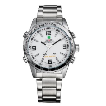 WEIDE Men's Double Time LED Analog Waterproof Silver Stainless Steel Sport Watch  