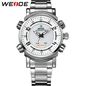 WEIDE Silver Stainless Steel Watch Men 30m Waterproof LED Analog Quartz Watch With Alarm Backlight For Men(White)  