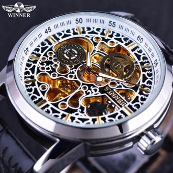 Wiinner Chinese Style Golden Skeleton Inside Silver Case Black Leather Strap Luxury Brand Watches Men Automatic Mechanical Watch - intl  