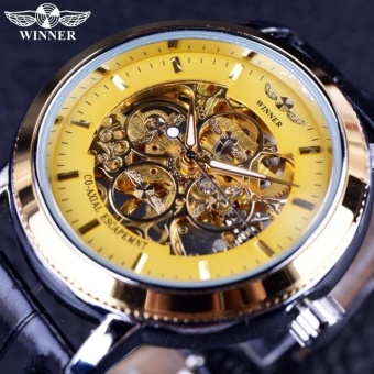 WINNER WATCH ACCESSORIES Classic Men's Leather Dial Skeleton Mechanical Sport Army Wrist Watch (Gold) (black) - intl  