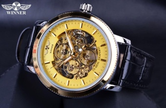 WINNER WATCH ACCESSORIES Retro Fashion Men Golden Mechanical Wrist Watches WINNER Brand Skeleton Louvre Series Design Luminous Hands Leather Band - intl  