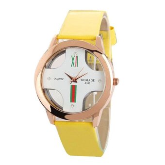 WOMAGE Fashion Cross Design PU Leather Quartz Watch Yellow - intl  