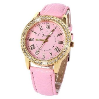 Womens Fashion Bling Crystal Leather Strap Golden Analog Quartz Wrist Watch (Pink Belt Pink-faced)- - intl  