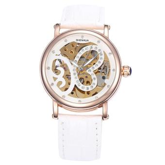 woppk Shenhua Top Brand Luxury Rose Gold Skeleton Automatic Mechanical Watches Women Rhinestone Mechanical Watches Women Waterproof (White)  