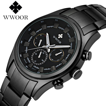 WWOOR 8015 Men Watches Top Brand Luxury Sports Watches Men's Quartz 24 Hours Date Clock Male Waterproof Black Steel Strap Army Military Wrist Watch, Black - intl  
