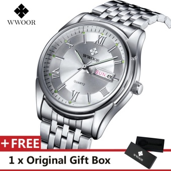 WWOOR Top Luxury Brand Watch Famous Fashion Sports Cool Men Quartz Watches Calendar Waterproof Stainless Steel Wristwatch For Male White - intl  