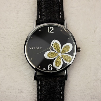Yazole Round Dial Stainless Steel Water Resistance Flower Pattern Leather Watch - Black Strap - intl  