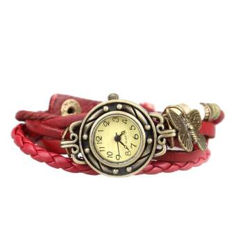 YBC Retro Wanita Gelang Jam Tangan Kulit Dengan Menenun Selendang Merah  