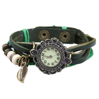 YBC Women Vintage Braided Rope Faux Leather Quartz Bracelet Wrist Watch Green - intl  