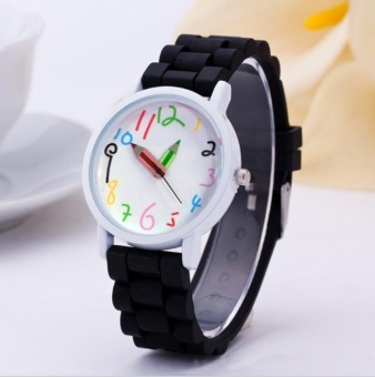 Yumite fashion ladies Korean version of the silicone personality student watch trend belt fashion table female table pencil watch black strap white dial - intl  