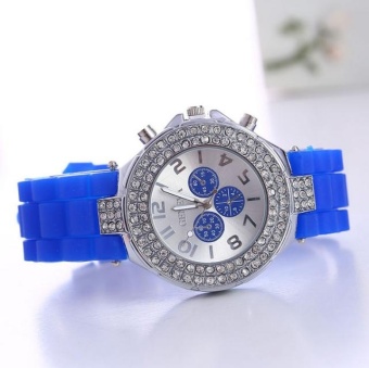 Yumite Geneva Silicone Three-Eye Diamond Watch Women's Watches Jelly Candy Silicone Watch Blue Band Blue Dial - intl  