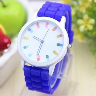 Yumite Silicone Capsule Jelly Watch Color Hand Pills Pattern Quartz Male Ladies Watch Student Watch Blue Strap White Dial - intl  