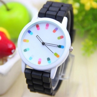 Yumite Silicone Capsule Jelly Watch Color Pointer Pill Pattern Quartz Male Ladies Watch Student Watch Black Strap White Dial - intl  