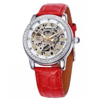 yydsop New Women Crystal Mechanial Watches Waterproof Shenhua Top Brand Luxury Rose Gold Automatic Mechanical Skeleton Watches Women (Red)  