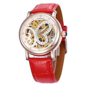 yydsop Shenhua Top Brand Luxury Rose Gold Skeleton Automatic Mechanical Watches Women Rhinestone Mechanical Watches Women Waterproof (Red)  