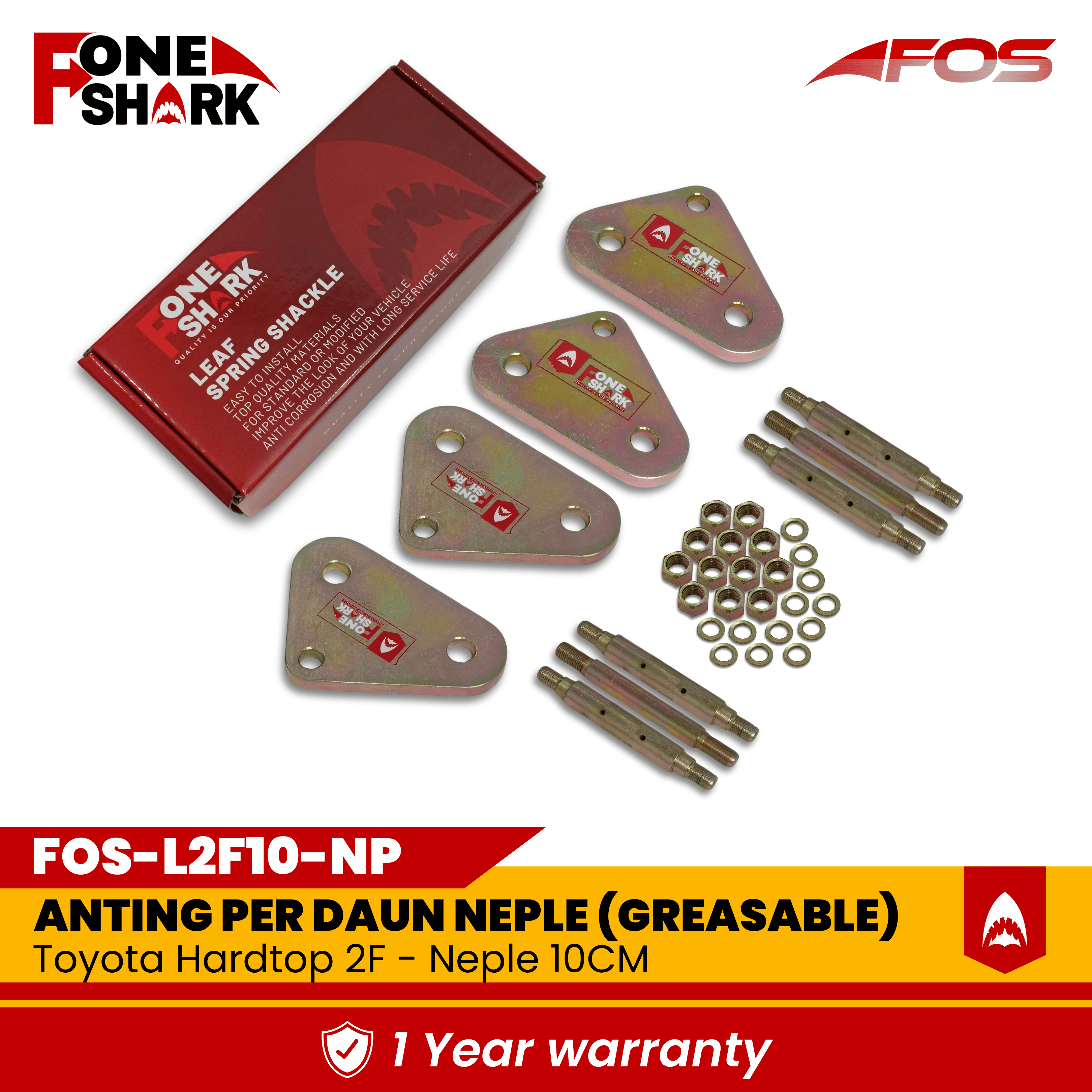 Premium rear leaf shackle earrings FOS F-one shark Toyota Hardtop 2F height 10cm neple (greaseable) Harga 730,000 Ringgit*Penghantaran Percuma