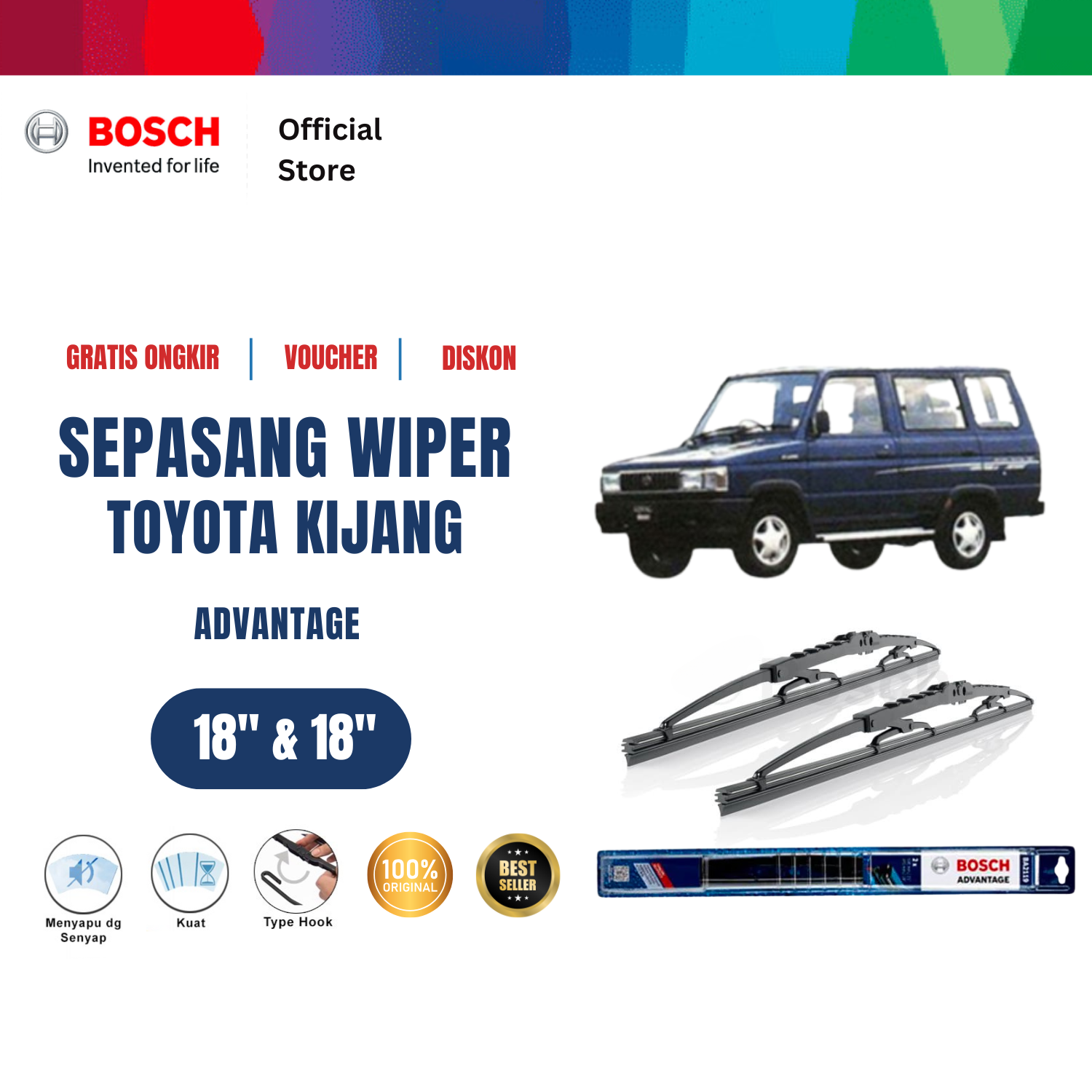 Bosch Sepasang Wiper Kaca Mobil Toyota Kijang 2000 sampai 2004 Advantage 18 dan 18 inchi Harga 118,575 rupiah*Gratis Ongkir