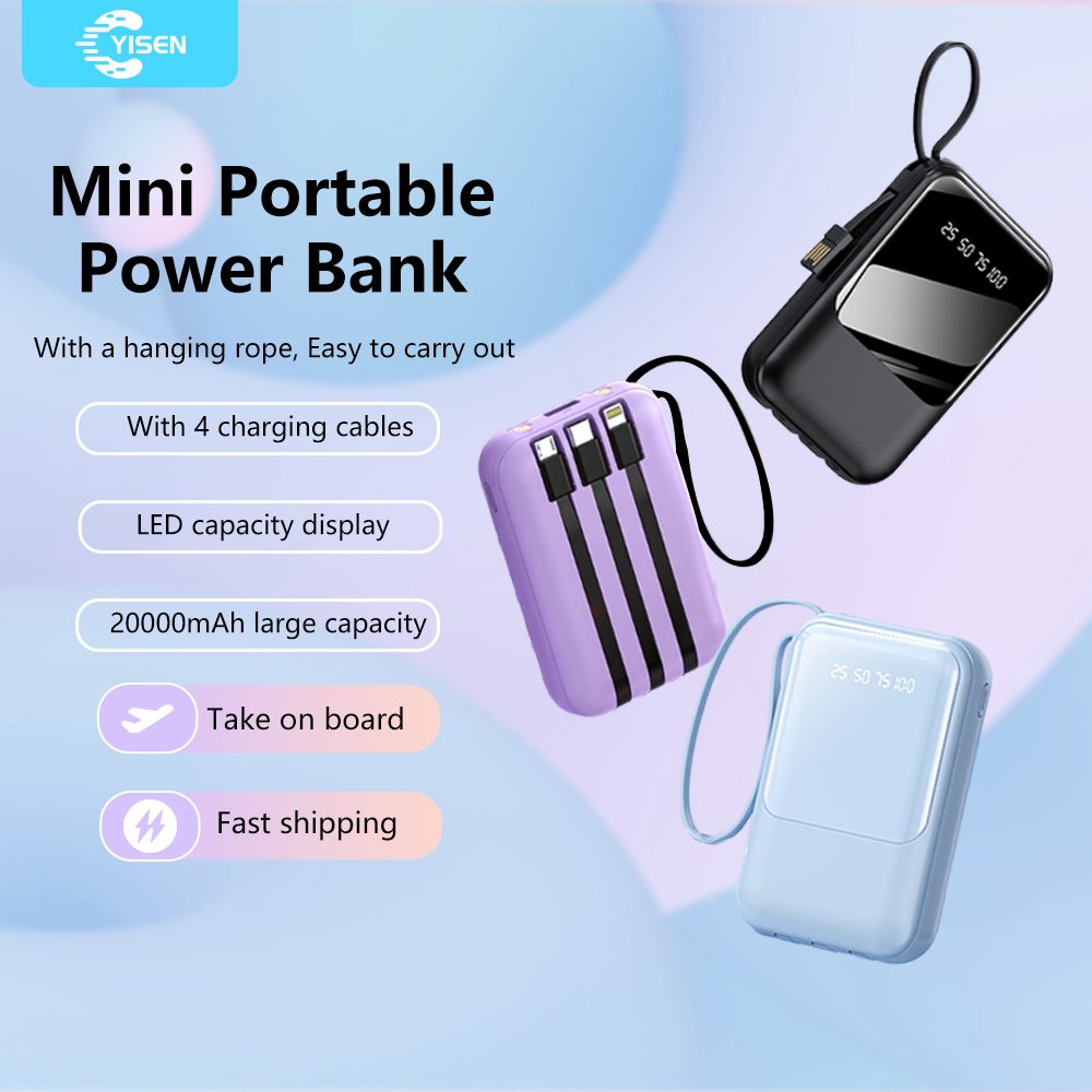Yisen 20000Mah Mini Portable Powerbank Candy Color Fashion Girl Power Bank with 4 Cables Led Display