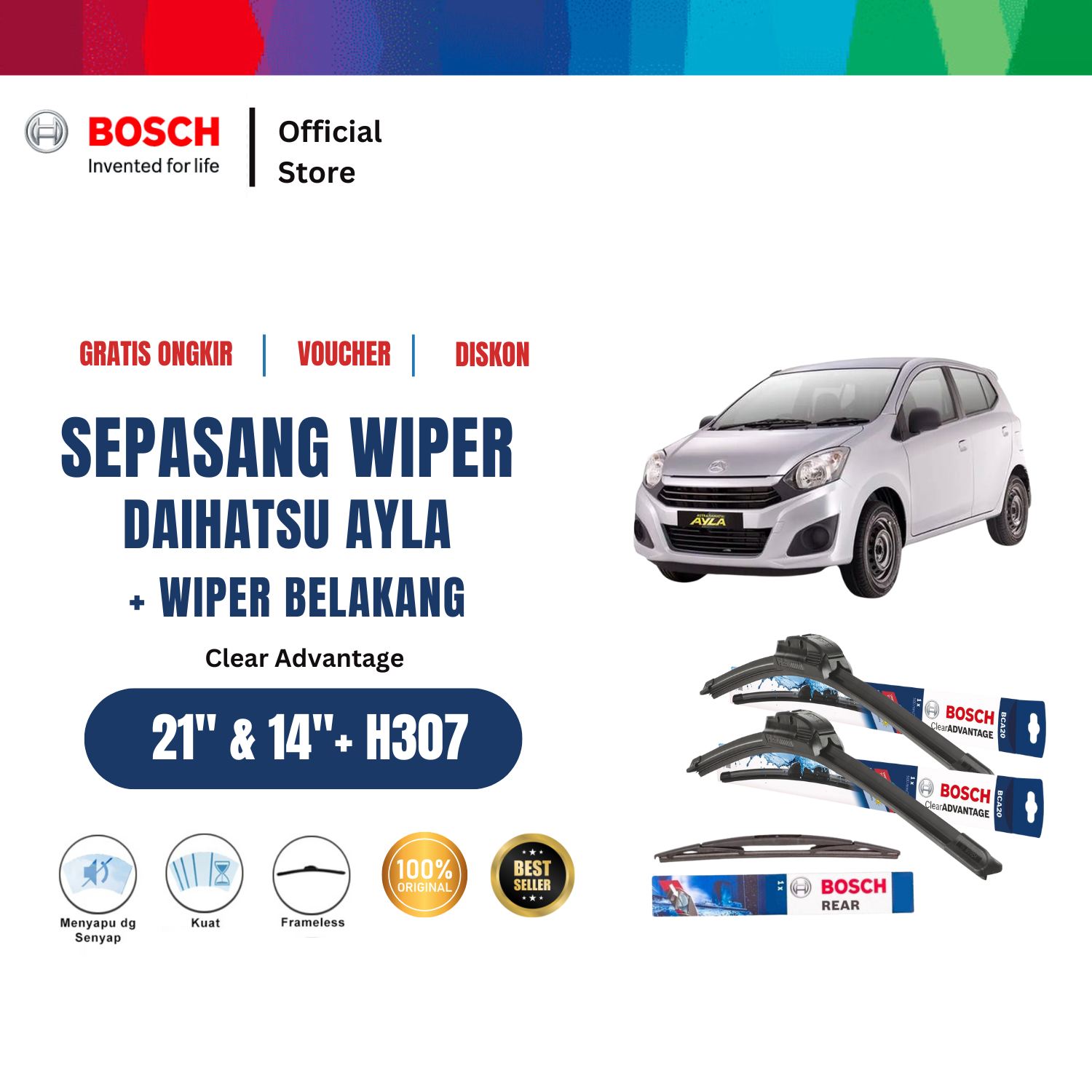 Bosch Wiper Depan dan Belakang Daihatsu Ayla Frameless 21 dan 14 inchi dan H307 Harga  281,350 Ringgit*Penghantaran Percuma