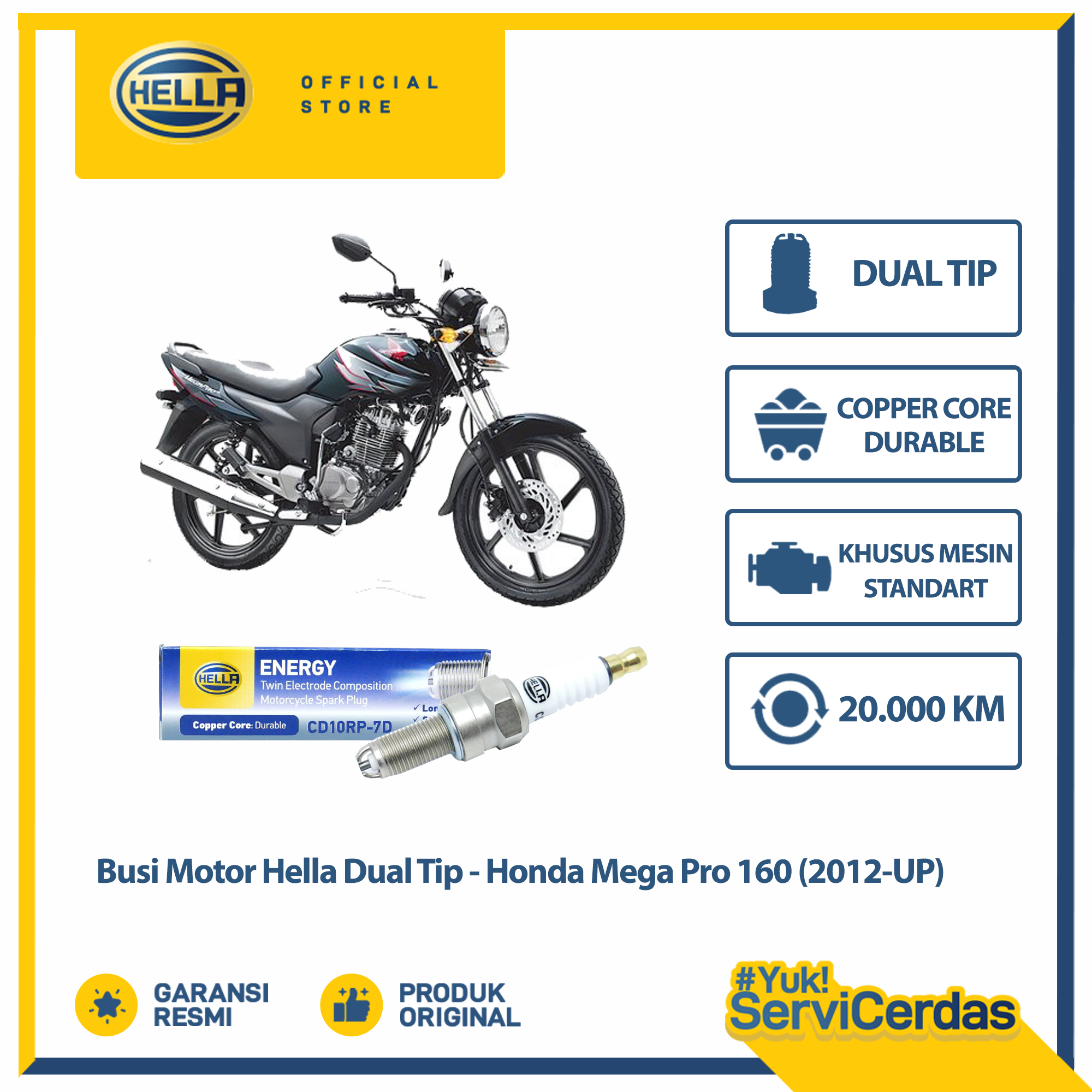 Busi Motor Honda Mega Pro 160 2012 up Hella Dual Tip CD10RP-7D - Busi Mega Pro 160 Harga 25,000 rupiah*Gratis Ongkir