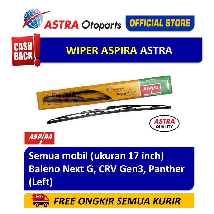 Wiper Blade ASPIRA Baleno Next G,CRV Gen 3,Panther ukuran 17 (12-WBC17H) Harga 32,000 rupiah*Gratis Ongkir