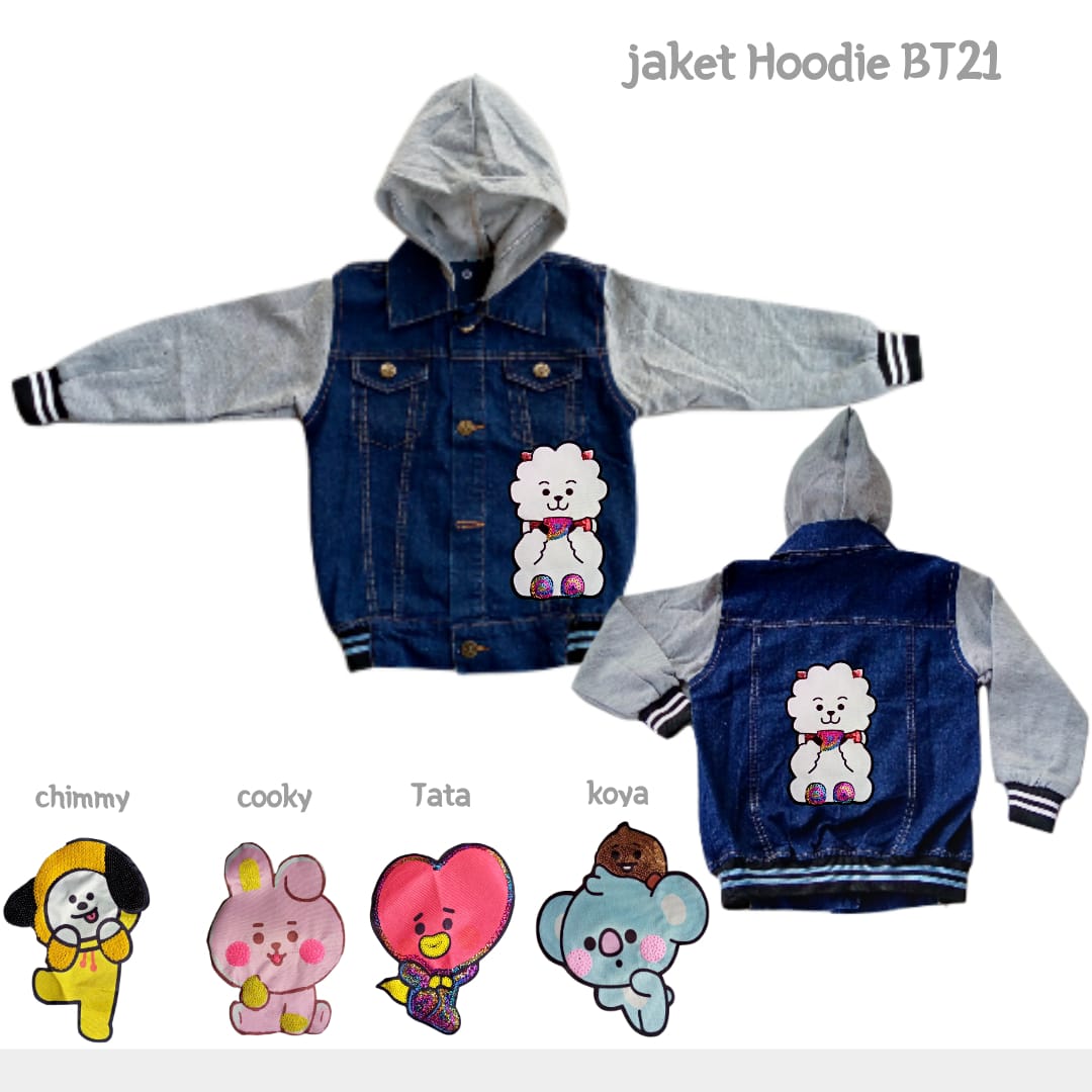 JAKET JEANS HOODIE LED BT21 JAKET ANAK MOTIF CHIMMY TATA KOYA