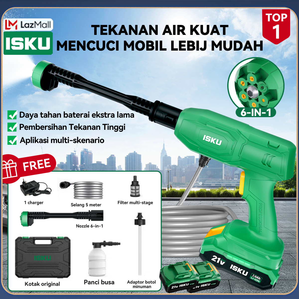 ISKU baterai lithium air bertekanan tinggi pembersih sepeda motor pembersih air cuci mobil cepat pistol air baterai lithium berdaya tinggi pistol air Harga 239,000 rupiah*Gratis Ongkir