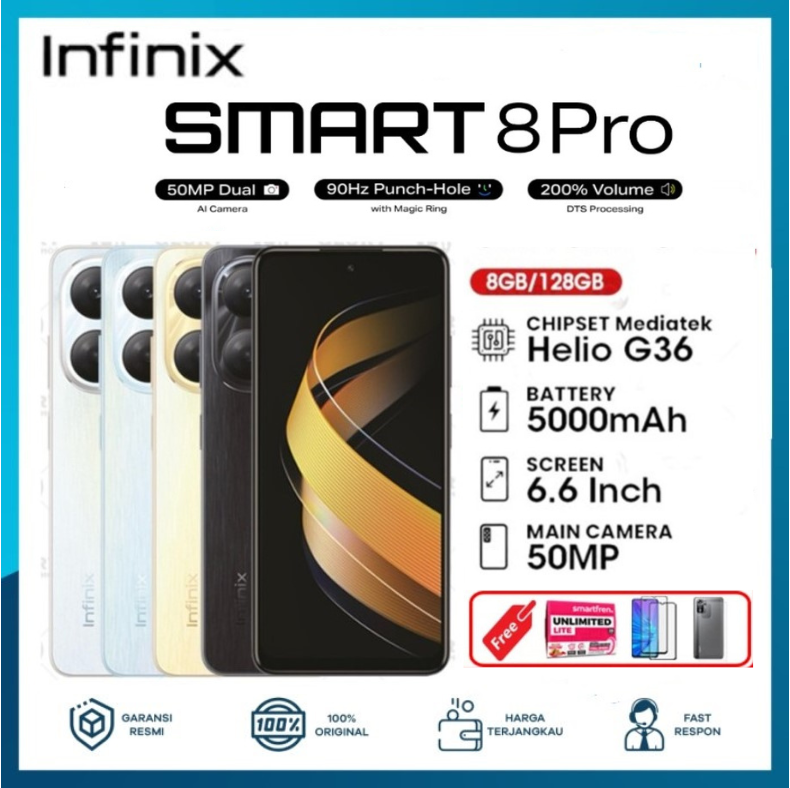 Sale !!! Infinix Smart 8 PRO RAM 8/128 GB BATTERY Type 5000 mAh - Garansi Giá 1,050,000 Đồng*Miễn phí vận chuyển