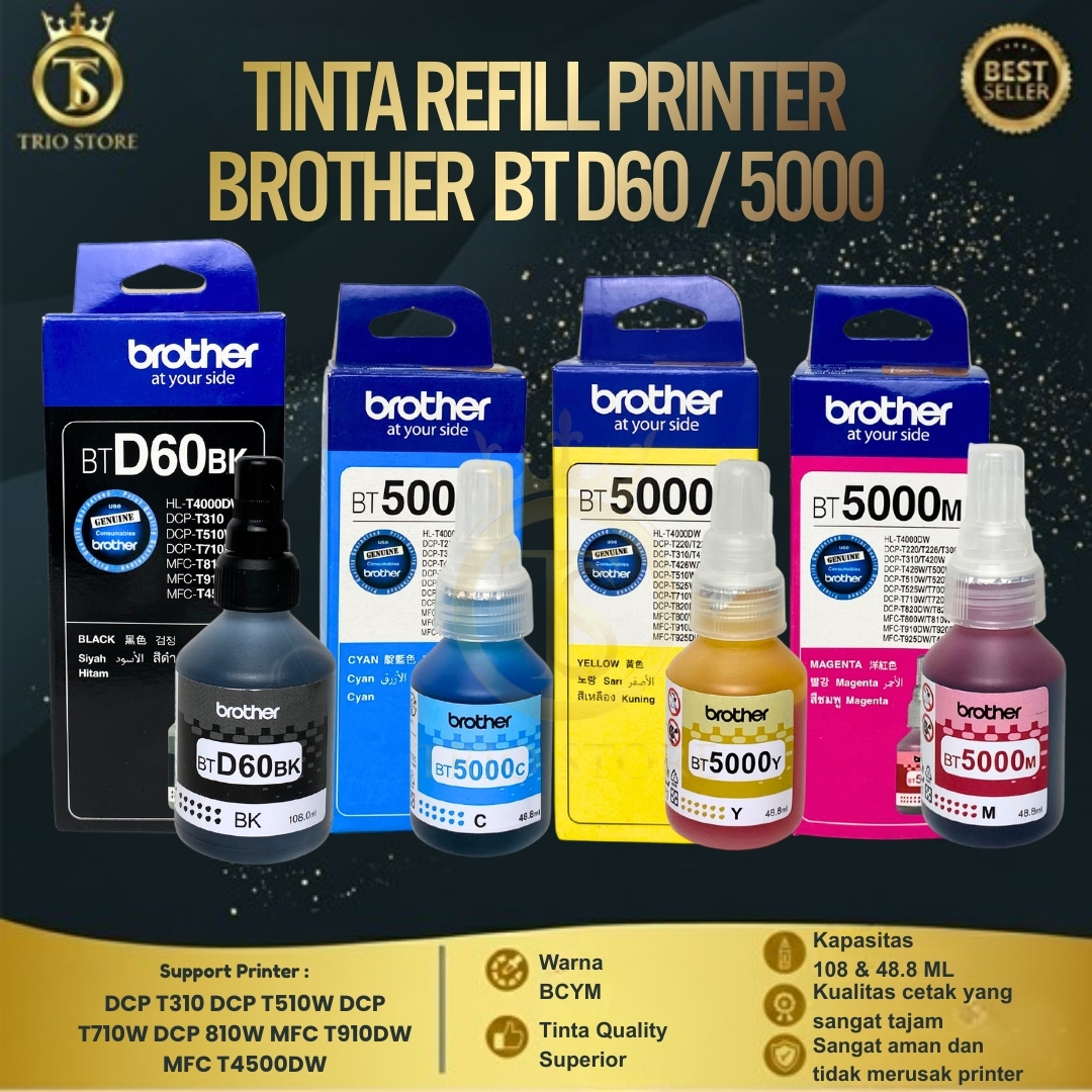 Brother Bt-D60Bk & Bt5000 Cmy Ink 1 Set 4 Colors for Dcp-T310 T420W T720Dw T510W T910Dw Printer Harga 250,000 rupiah*Gratis Ongkir