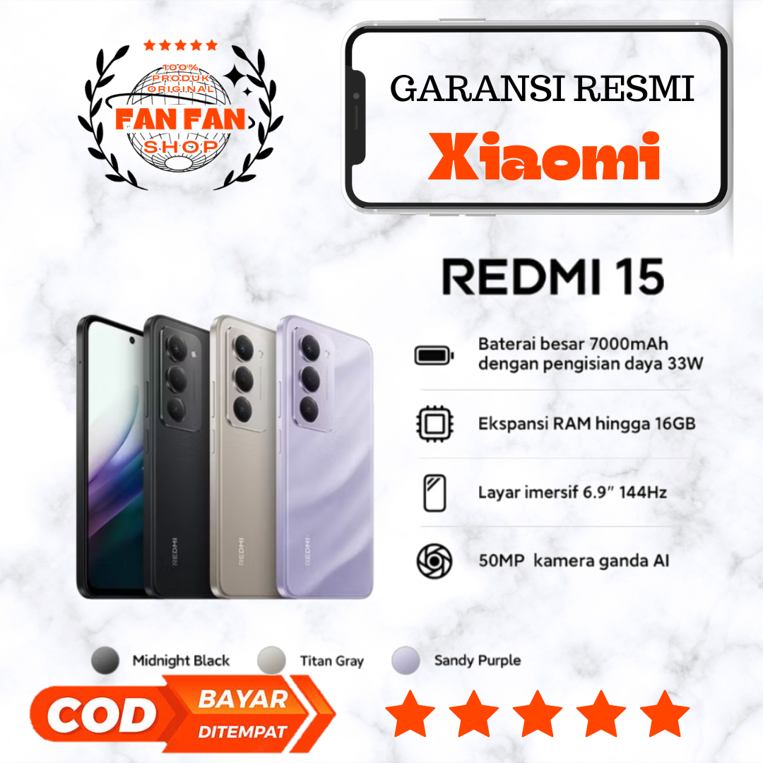 Xiaomi Redmi 15 (8Gb/128Gb) (8Gb/256Gb) Large 7000Mah Battery with 33W Charging | Ram Expansion up to 16Gb | 6.9-Inch 144Hz Immersive Display | 50Mp Dual Ai Camera Harga 2,048,310 rupiah*Gratis Ongkir