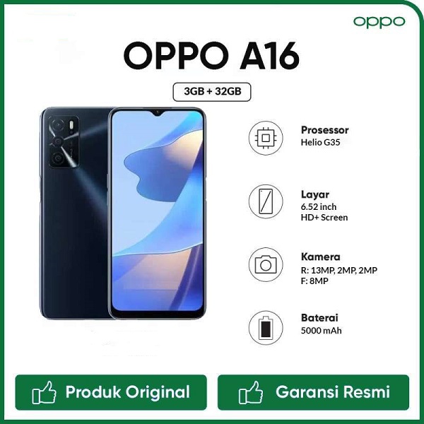 Oppo A16 Smartphone - [ Ram 3GB / Rom 32GB ] - Garansi Resmi Giá 1,999,000 Đồng*Miễn phí vận chuyển