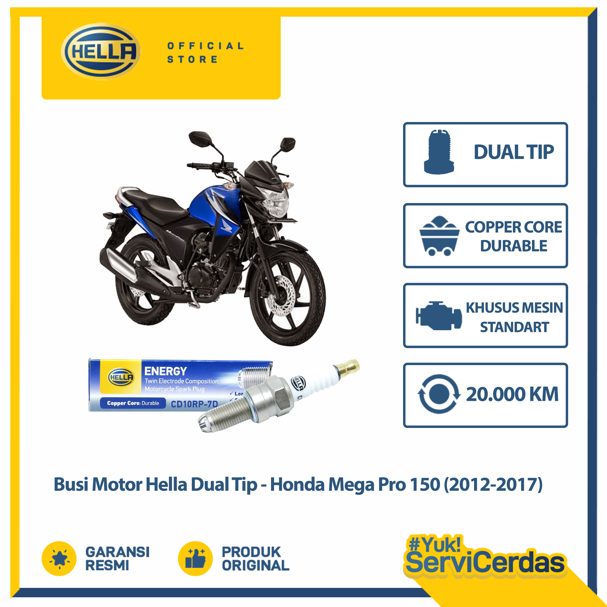 Busi Motor Honda Mega Pro 150 2012- 2017 Hella Dual Tip CD10RP-7D - Busi Mega Pro 150 Harga 25,000 rupiah*Gratis Ongkir