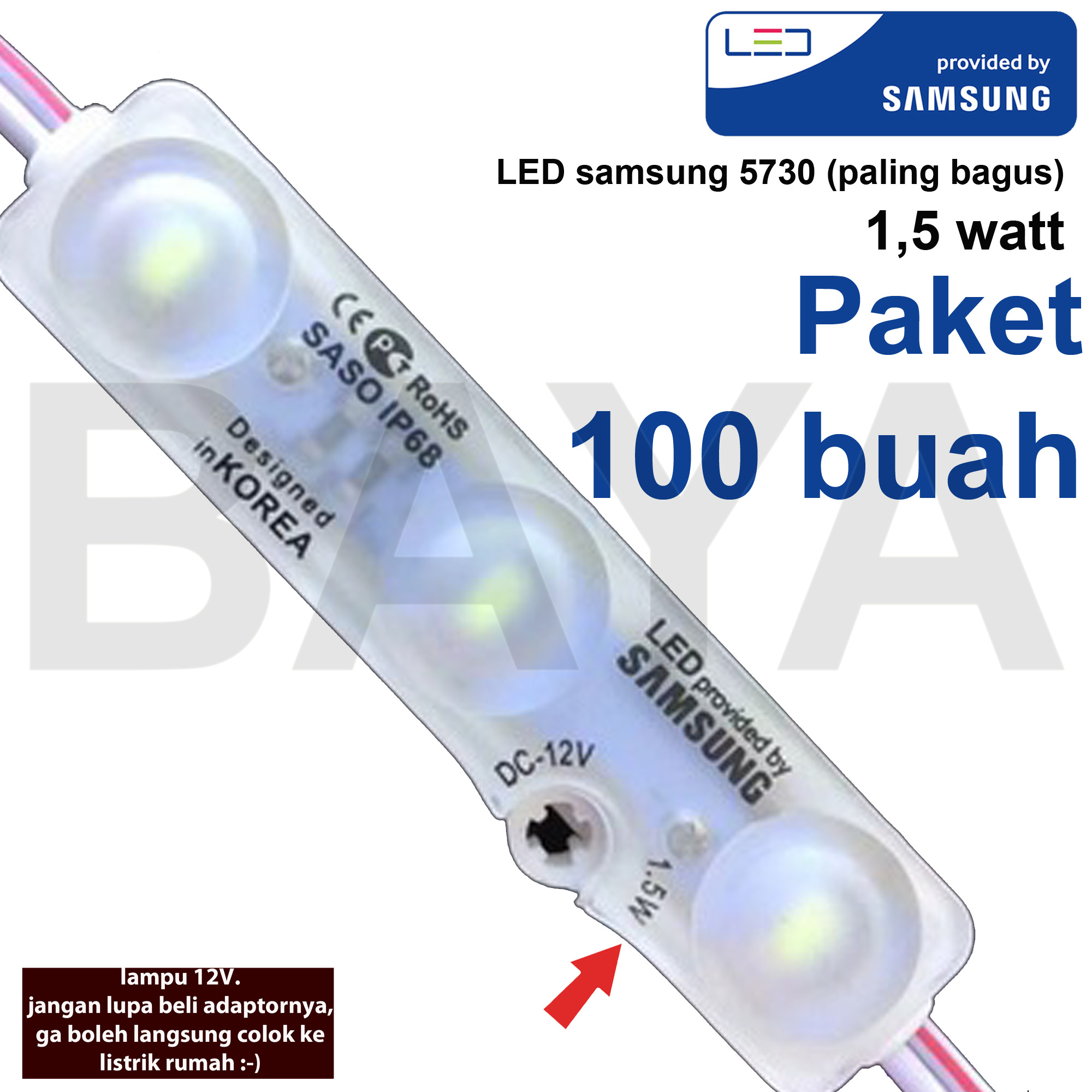 Harga lampu hias	 Samsung Lampu Led Modul Module Saso Ip68 Smd 5730 Dc 12V 1,5 Watt 1,5W 3 Mata Korea Bundling 100 Pcs 	