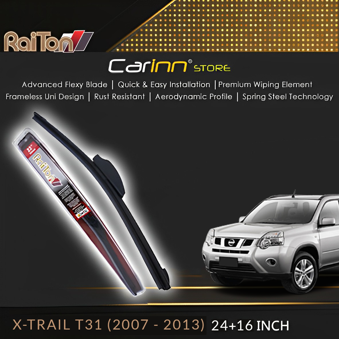 Raiton Sepasang Wiper Frameless Full Karet Kaca Depan Nissan X-trail T31 2007-2013 24" & 16" -2 Buah Harga 100,000 Ringgit*Penghantaran Percuma