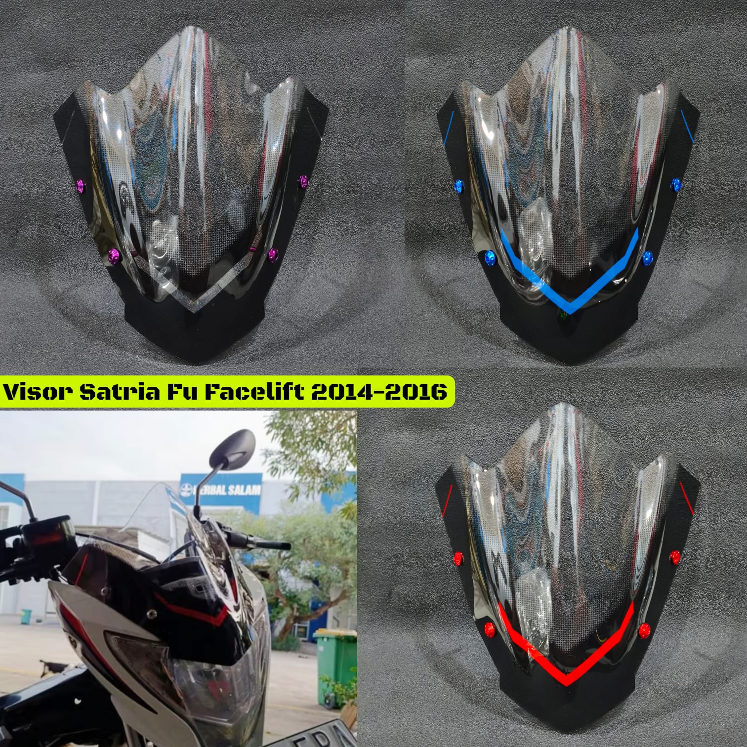 Visor Windshield Front Shell of Satria Fu Facelift 2014-2016 Type Black Series Plus Imported Cnc Visor Bolts Harga 45,000 rupiah*Gratis Ongkir