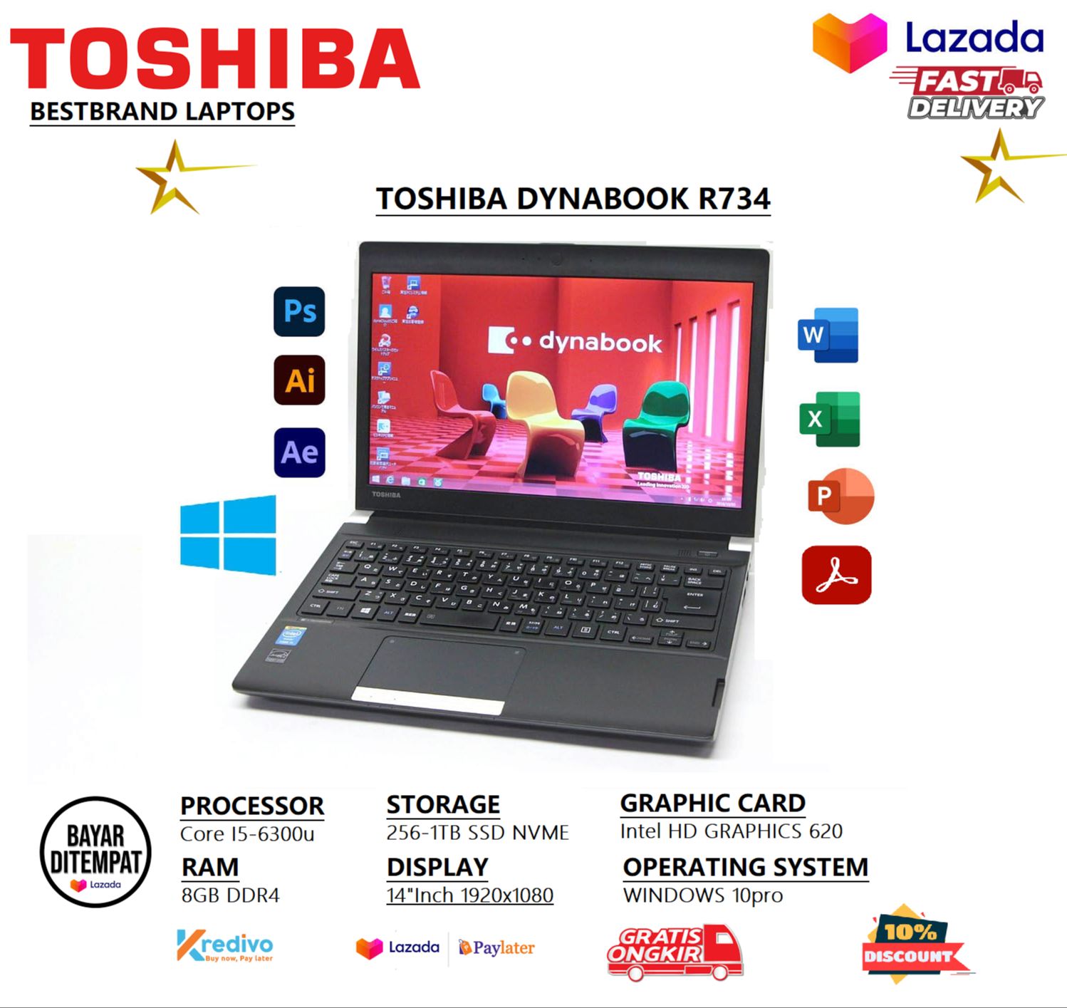 LAPTOP TOSHIBA DYNABOOK R734 CORE i5 6TH RAM 8GB/512GB SSD WIN 10