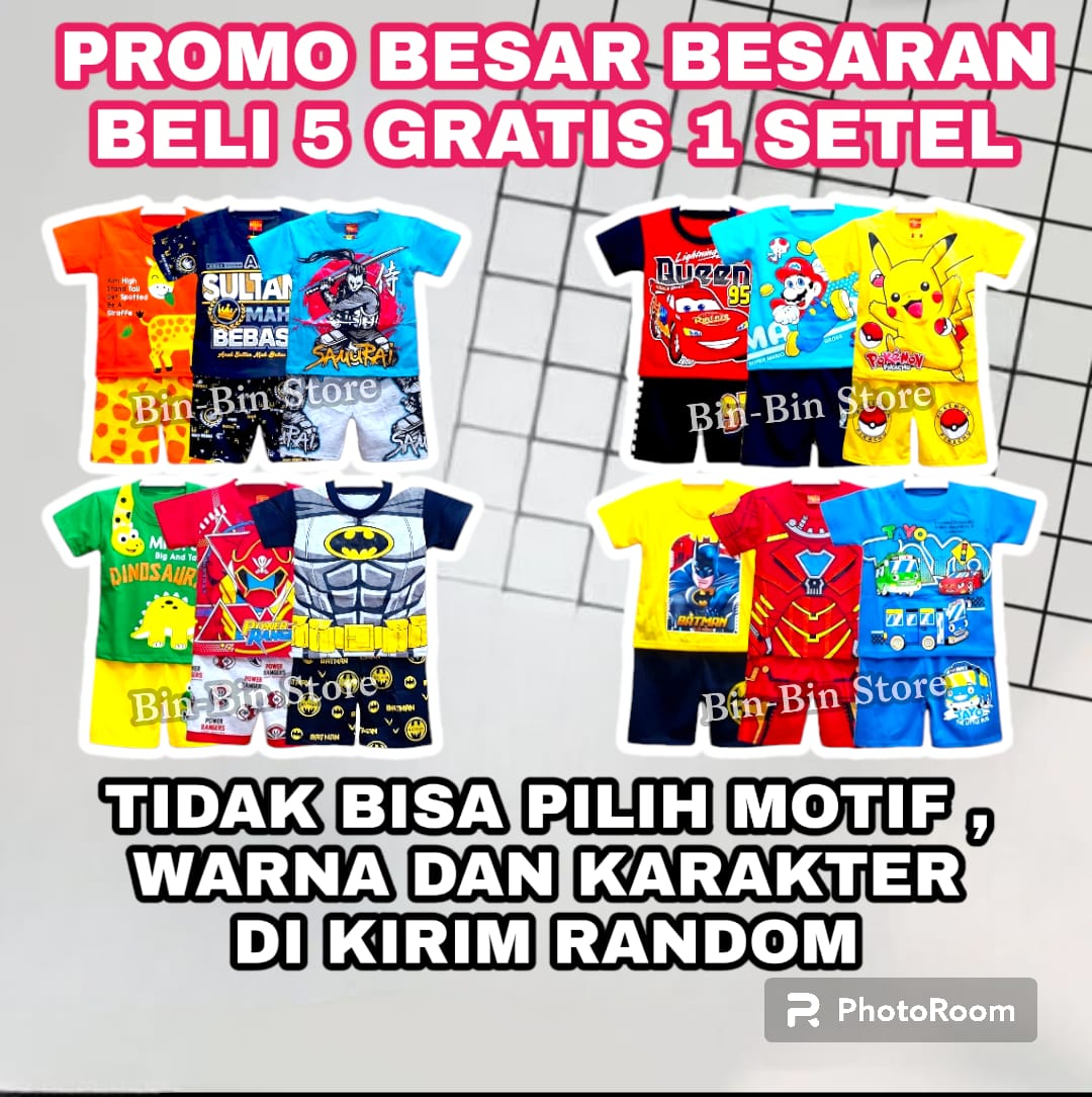 Gratis 1 Setel Setiap Beli 5 Stel Setelan Baju Kaos Anak Laki Laki Usia 0-10 THN Motif Random