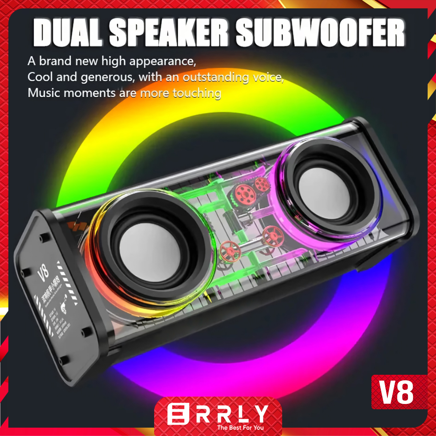 Speaker V8 ARMOUR Bluetooth ERRLY TWS Wireless v5.3 Dua Subwoofer 10W RGB LED Light Transparent Harga 89,900 rupiah*Gratis Ongkir