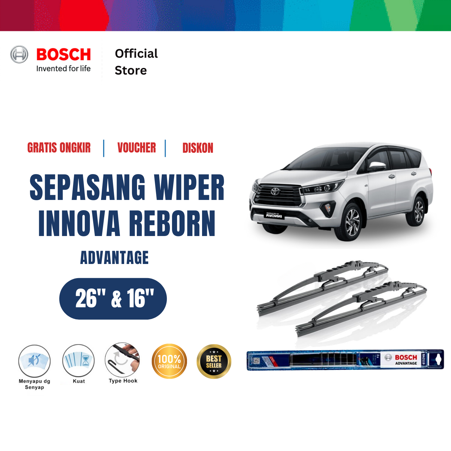 Bosch Sepasang Wiper Mobil Toyota Kijang Innova Reborn Advantage 26 dan 16 inchi Harga 157,420 rupiah*Gratis Ongkir