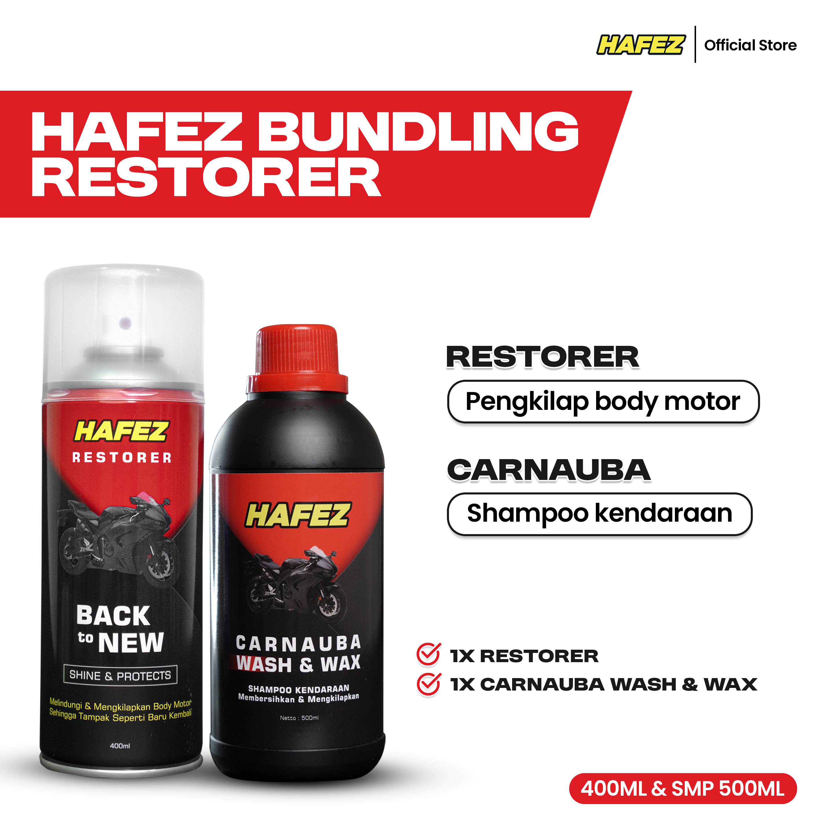 HAFEZ BUNDLING 1 RESTORER & 1 SHAMPOO Pengkilap dan Penghitam Body Motor Kendaraan Harga 101,000 rupiah*Gratis Ongkir