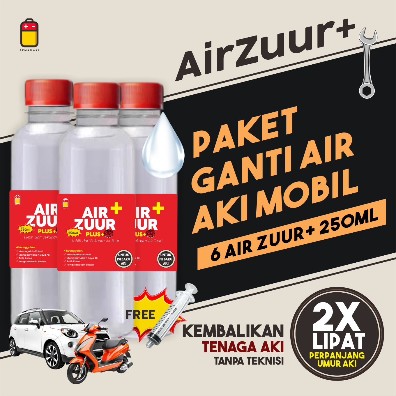 [6Pcs Car Package] Teman Aki Red Plus Acid Battery - Premium Anti-Sulfatation Electrolyte for Cars & Motorcycles | Extend the Life of the Battery Harga 88,200 rupiah*Gratis Ongkir