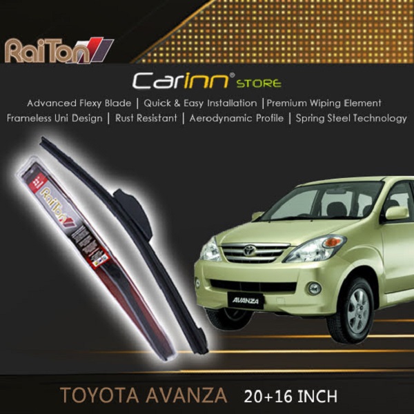 Raiton Sepasang Wiper Frameless Full Karet Kaca Depan Toyota Avanza 2004-2012 20" & 16" -2 Buah Harga 125,000 rupiah*Gratis Ongkir